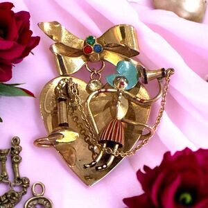 Vtg Longcraft Gold plated 3D Lady Telephone chain heart WW2 figural brooch